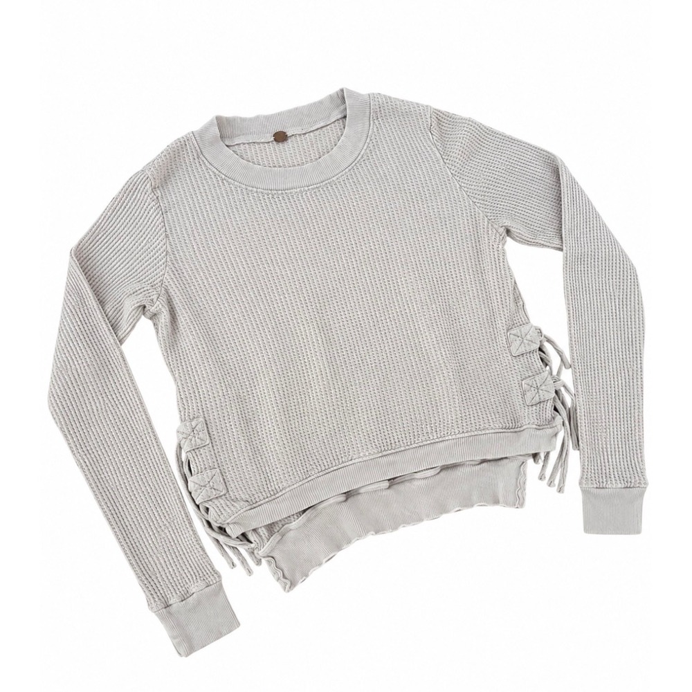 Free People Grey Waffle Thermal Lace Up Fringe Top